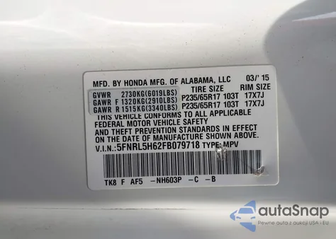 2015 Honda Odyssey Ex-L z USA, uszkodzony, nr VIN 5FNRL5H62FB079718